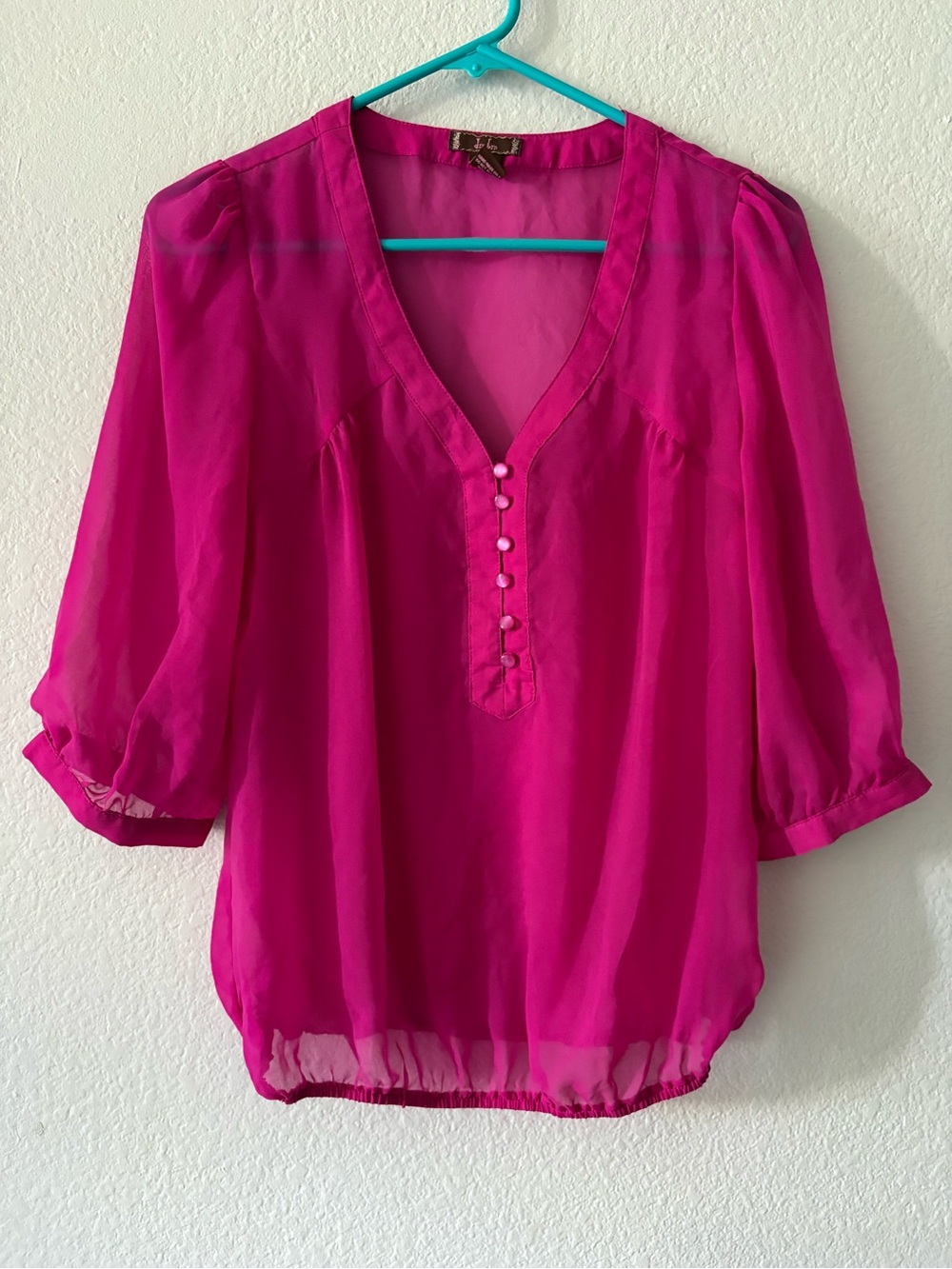 Sheer V-Neck Blouson Top in Bright Pink